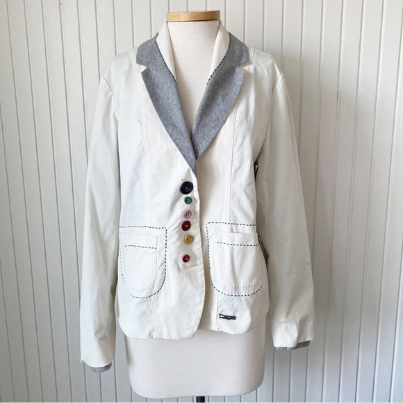 Desigual Cream & Gray Coat Jacket Blazer Embroidered Back Size 46